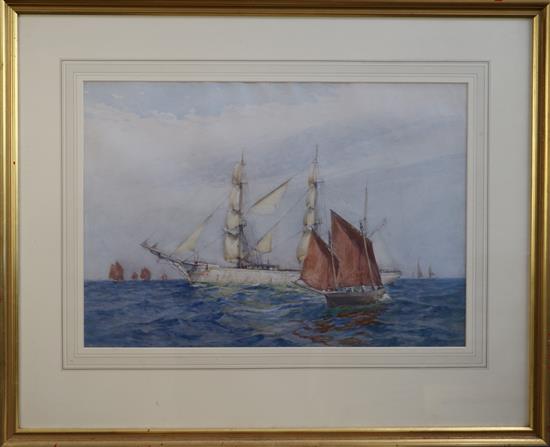 Attributed to Henry Scott Tuke Shipping off the coast 14 x 20in.